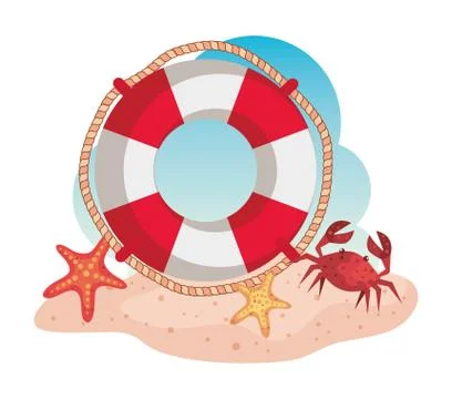 Float with starfishes and crab in the beach sand Stock Illustration