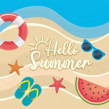 Float with sunglasses and flip-flop with starfishes in the beach Illustrazione stock