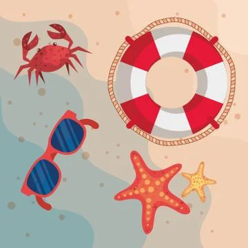Float with sunglasses with strafishes and crab in the beach sand Stock Illustration