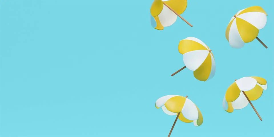 Float yellow umbrella isolate on pastel blue background, summer concept, concept 스톡 일러스트