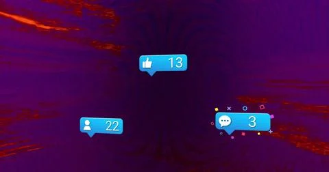 Floating 3 blue notification bubbles drifting on purple backdrop showing Stock Photos