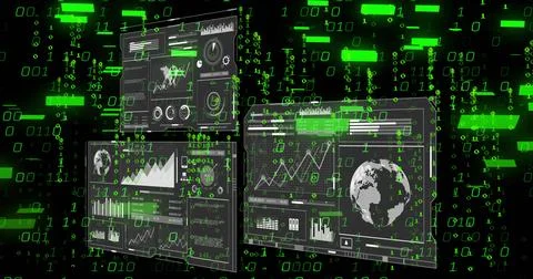 Floating 3 data panels showing charts, gauges and globe in dark void, streaming Stock Illustration