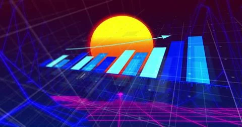 Floating 3D bar chart ascending within neon grid plane, with glowing sun disk, Stock Illustration