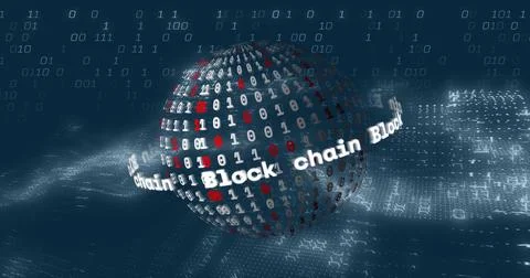 Floating 3D binary code sphere rotating above dark blue data plane, with Illustrazione stock