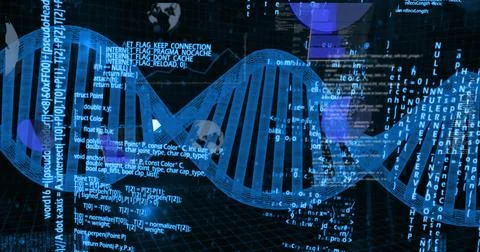 Floating 3D blue DNA helix winding across dark digital grid plane, with Stock Illustration
