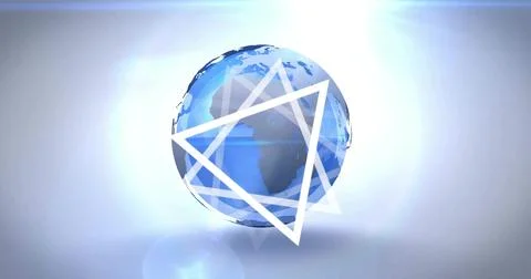 Floating 3D blue Earth globe showing Africa in studio, with soft triangular Stockillustratie
