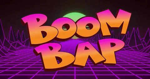 Floating 3D BOOM BAP text hovering over purple grid plane, featuring green sun Stock Illustration