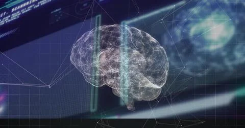 Floating 3D brain hologram pulsing in research lab, with vertical light bars, Stock Illustration