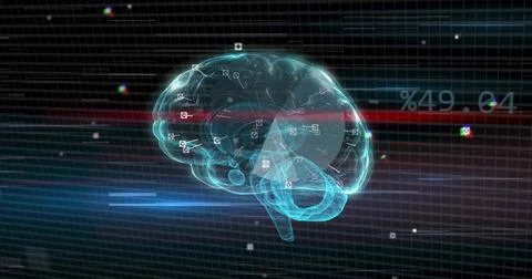 Floating 3D brain hologram wireframe showing neural nodes and connection lines Foto stock