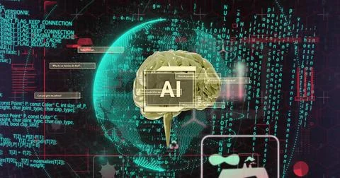 Floating 3D brain labeled AI sitting centered in virtual UI, with holo globe, Stock Illustration