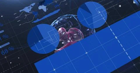 Floating 3D brain model crossing grid dashboard interface, with blue circles and 스톡 사진