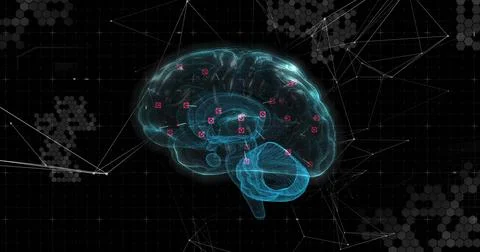 Floating 3D brain model hovering over dark grid, with magenta nodes, network Stock Illustration