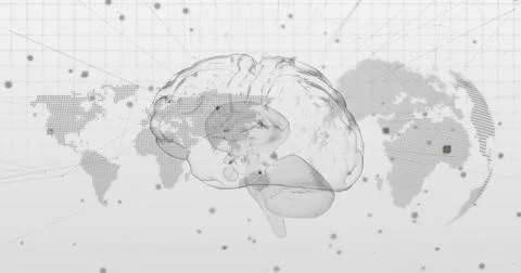 Floating 3D brain model hovering in grid backdrop, with network nodes and dotted イラスト素材