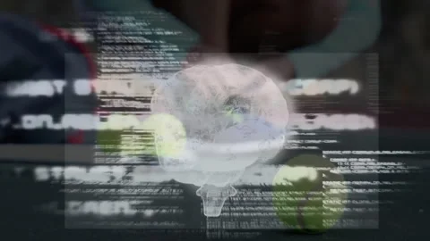 Floating 3D brain model overlaying flowing code lines in tech while tennis ball Stock Footage 307459395