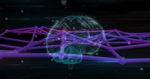 Floating 3D brain model rotating in virtual cyberspace, with neon lines and Stock Illustration