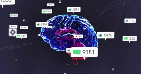 Floating 3D brain pulsing in dark gradient space, with UI badges showing chat Illustrazione stock