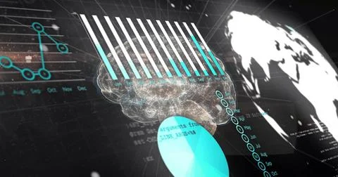 Floating 3D brain rotating in digital interface, with bar and line charts, pie Stock Photos
