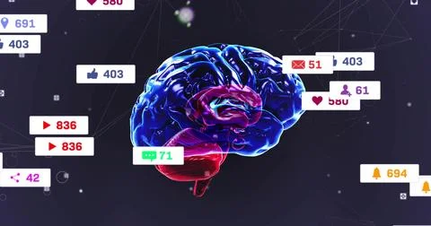 Floating 3D brain sending notification badges and counters in digital UI space, Stock Illustration