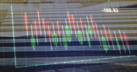 Floating 3D candlestick chart and grid hovering on slatted table, showing cyan Stock Photos