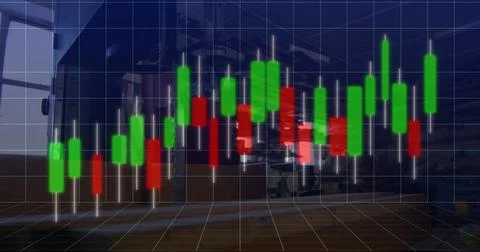 Floating 3D candlestick chart with grid and red green bars hovering on factory Foto stock