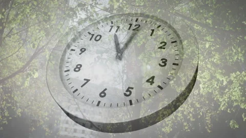 Floating 3D clock amid leafy canopy starting rotation while hands ticking Stock Footage 312916031