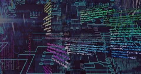 Floating 3D code blocks and neon circuit traces drifting in cyberspace, with Illustrazione stock