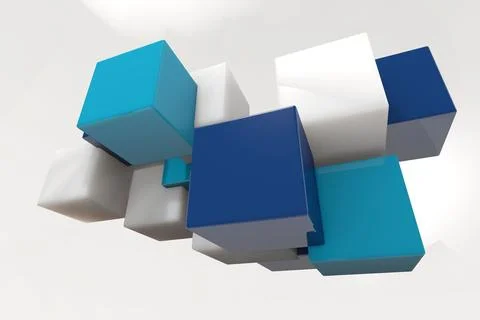 Floating 3D cubes in white dark and light blue casting shadows and reflections Stock Illustration