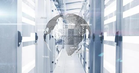Floating 3D digital globe displaying data overlays in server room aisle, with Stock Photos
