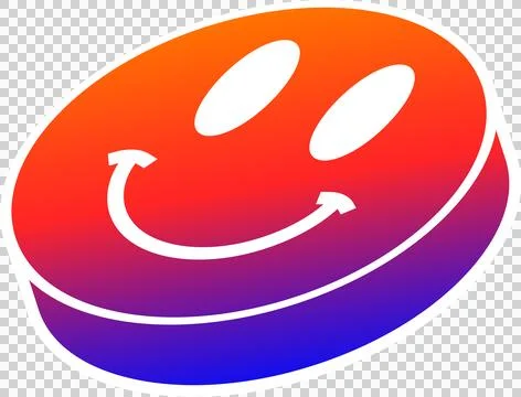 Floating 3D disc showing orange-purple gradient, oval eyes and arrow smile on Stock Illustration
