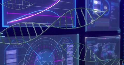 Floating 3D DNA double helix at virtual lab interface, showing HUD with graphs, Foto stock