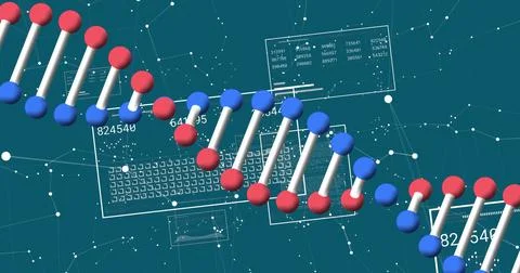 Floating 3D DNA helix drifting over teal digital interface, with data panels and 스톡 일러스트