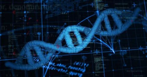 Floating 3D DNA helix model rotating within virtual interface, with code Stockillustratie