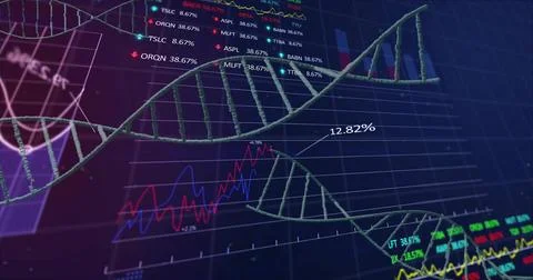 Floating 3D DNA helix strands drifting through digital dashboard, with financial 스톡 일러스트