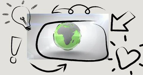 Floating 3D Earth globe centering Africa inside rectangular frame on gray Illustrazione stock