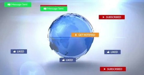 Floating 3D Earth globe hovering in digital interface, with pop-ups, likes and Stock Illustration