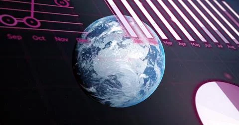 Floating 3D Earth globe hovering over dark data dashboard showing vertical bars, Stock Photos