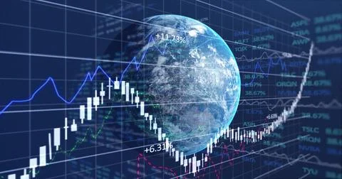 Floating 3D Earth globe rotating on dark blue grid, with candlestick bars and Illustrazione stock