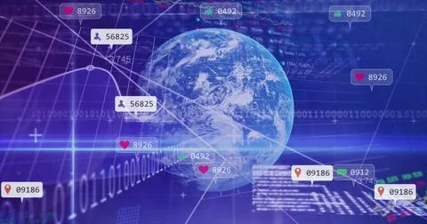 Floating 3D Earth globe rotating over virtual data environment, with social 写真素材