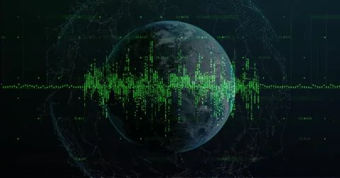 Floating 3D Earth globe in virtual space, with neon green waveform, wireframe Illustrazione stock