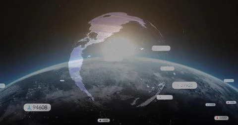 Floating 3D Earth rendering displaying digital mesh overlay and data bubbles  스톡 일러스트