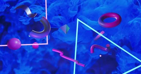 Floating 3D forms rotating in digital studio, with magenta ring, purple orbs, イラスト素材