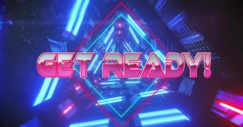 Floating 3D GET READY! text illuminating futuristic corridor, with neon light Illustrazione stock