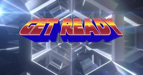 Floating 3D GET READY text glowing amid metallic beams in virtual corridor, with Stock Photos