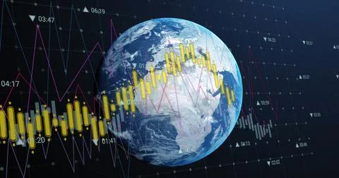 Floating 3D globe in dark grid, showing yellow candlesticks, magenta-white line Stock Photos