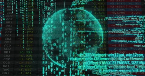 Floating 3D globe displaying cascading alphanumeric streams and numerical tables Stock Footage 309286687