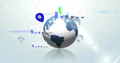 Floating 3D globe displaying dark-blue Americas and HUD elements in studio, Stock Illustration