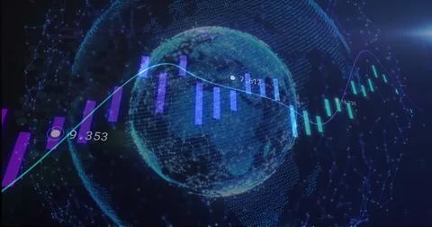 Floating 3D globe displaying neon bar and line graphs in data interface, with Illustrazione stock