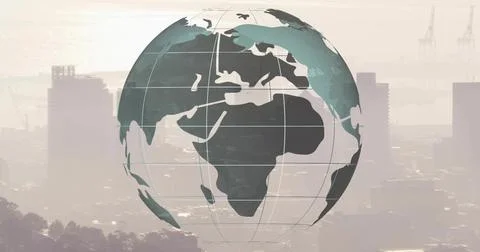 Floating 3D globe drifting above misty urban port skyline, with grid lines and Ilustração Stock