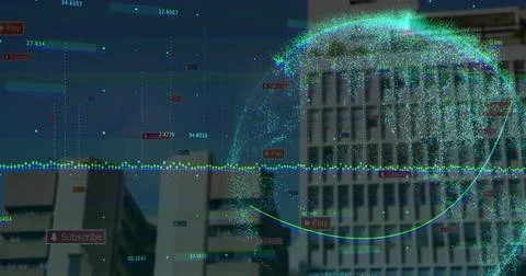 Floating 3D globe with numeric labels above office buildings, dotted graph line, Stock Photos