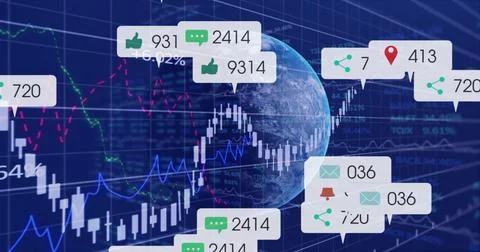 Floating 3D globe over trading grid, with candlestick bars, line graphs and Stock Photos